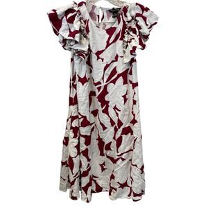 Millenium Ruffle Sleeve Abstract Floral Midi Dress Red White Small Women Rayon